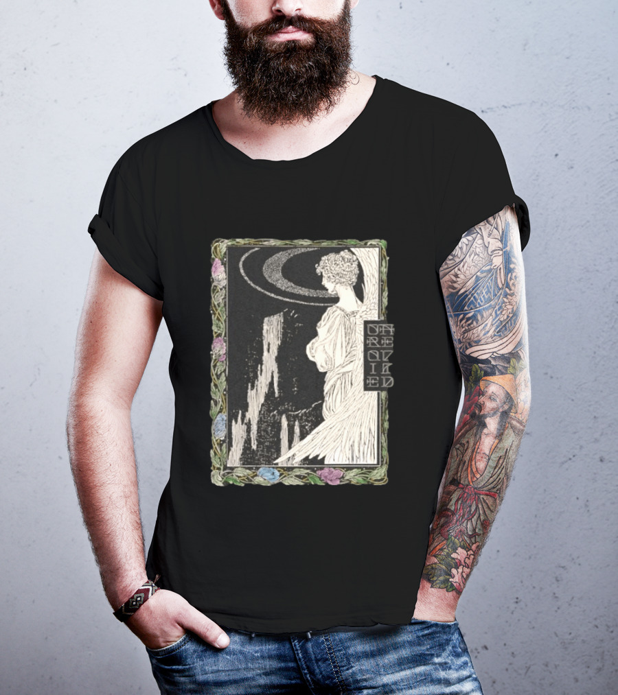 Angel Nouveau Unraveled Floral Frame Illustrative Art Winged Celestial Figure T-Shirt