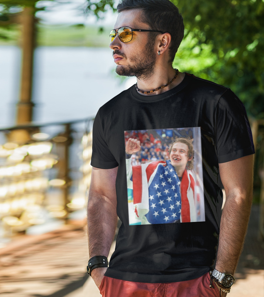 Jack Hughes USA Hockey World Champs 2026 Victory Celebration American Flag T-Shirt