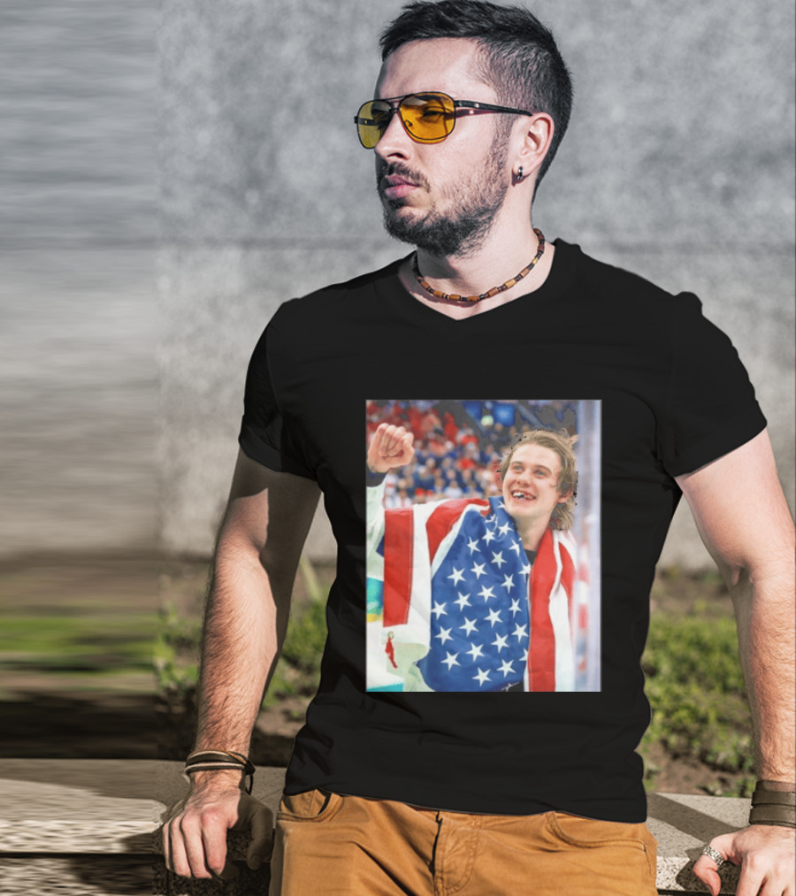 Jack Hughes USA Hockey World Champs 2026 Victory Celebration American Flag T-Shirt