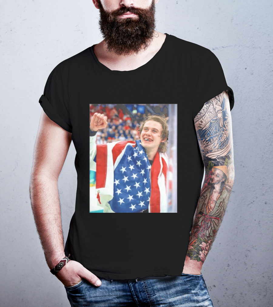 Jack Hughes USA Hockey World Champs 2026 Victory Celebration American Flag T-Shirt