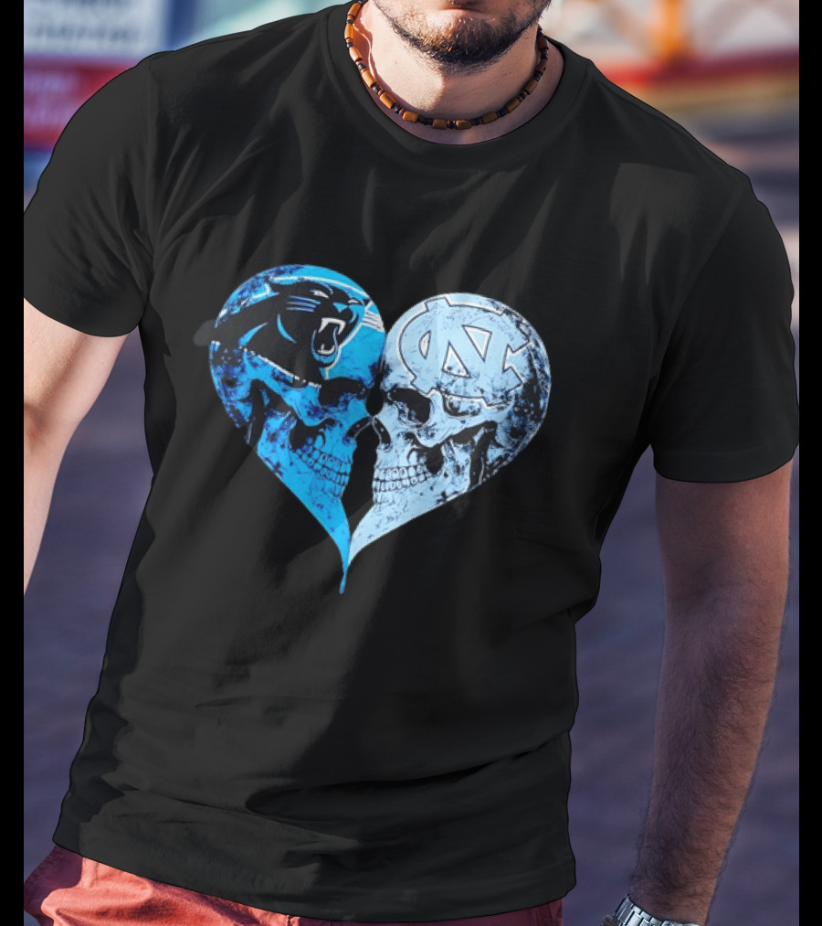 Carolina Panthers North Carolina Tar Heels Skulls Face To Face Heart Shape T-Shirt
