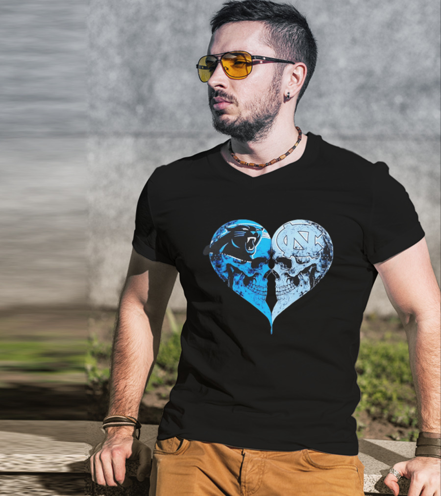 Carolina Panthers North Carolina Tar Heels Skulls Face To Face Heart Shape T-Shirt