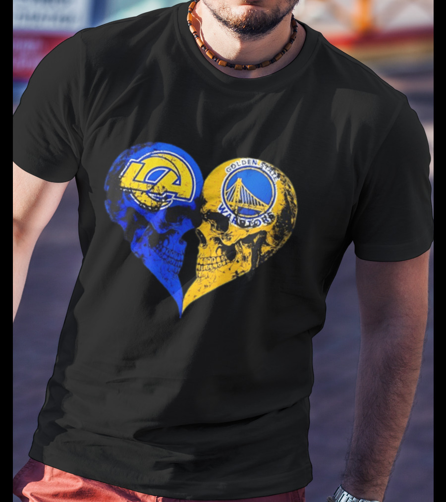 Los Angeles Rams Golden State Warriors Heart Shaped Skulls Distressed T-Shirt