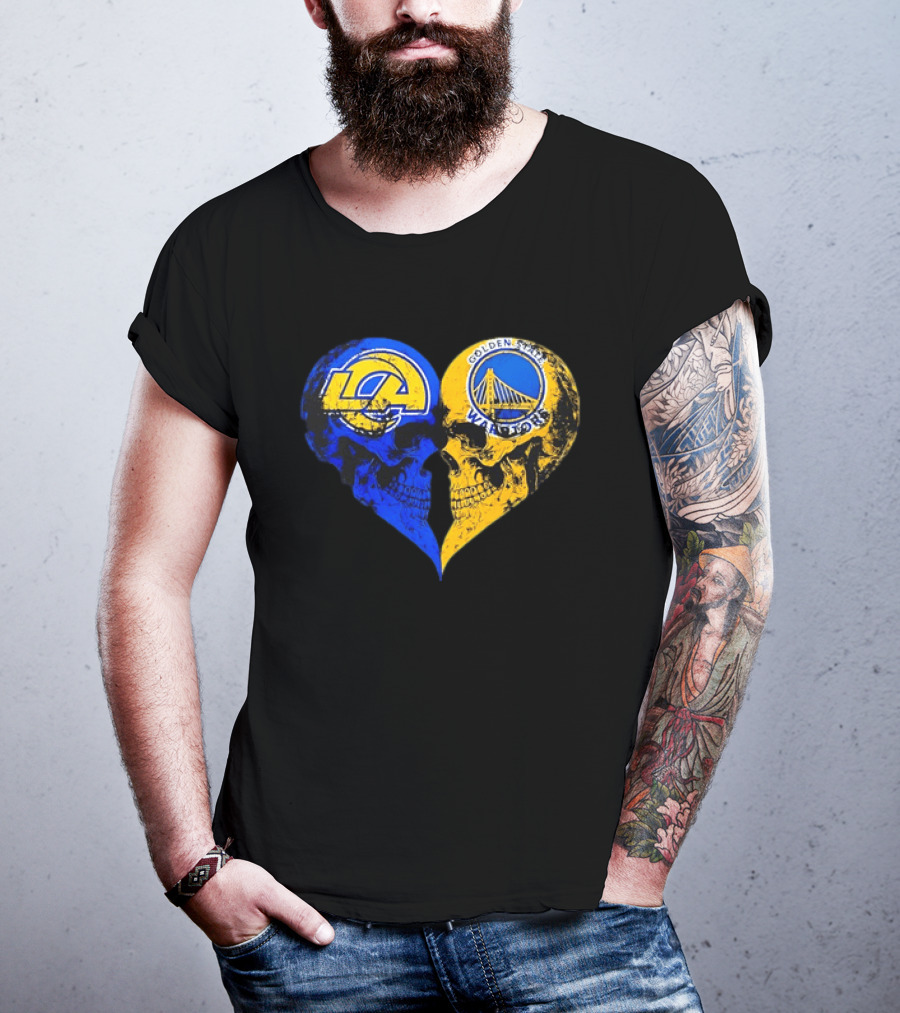 Los Angeles Rams Golden State Warriors Heart Shaped Skulls Distressed T-Shirt