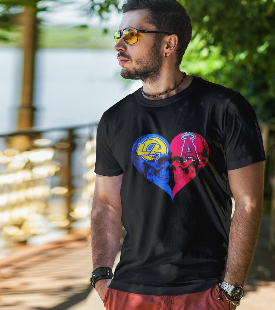 Los Angeles Rams Vs Los Angeles Angels Skulls Heart Face To Face Distressed T-Shirt