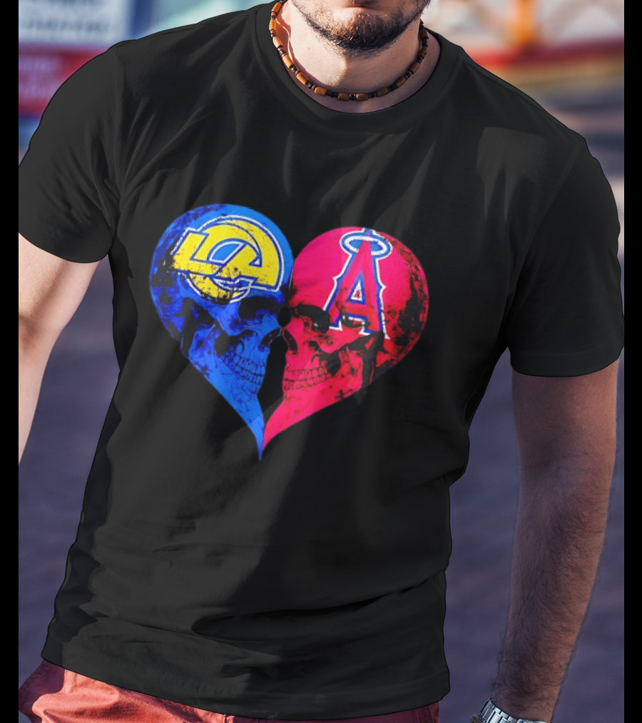 Los Angeles Rams Vs Los Angeles Angels Skulls Heart Face To Face Distressed T-Shirt