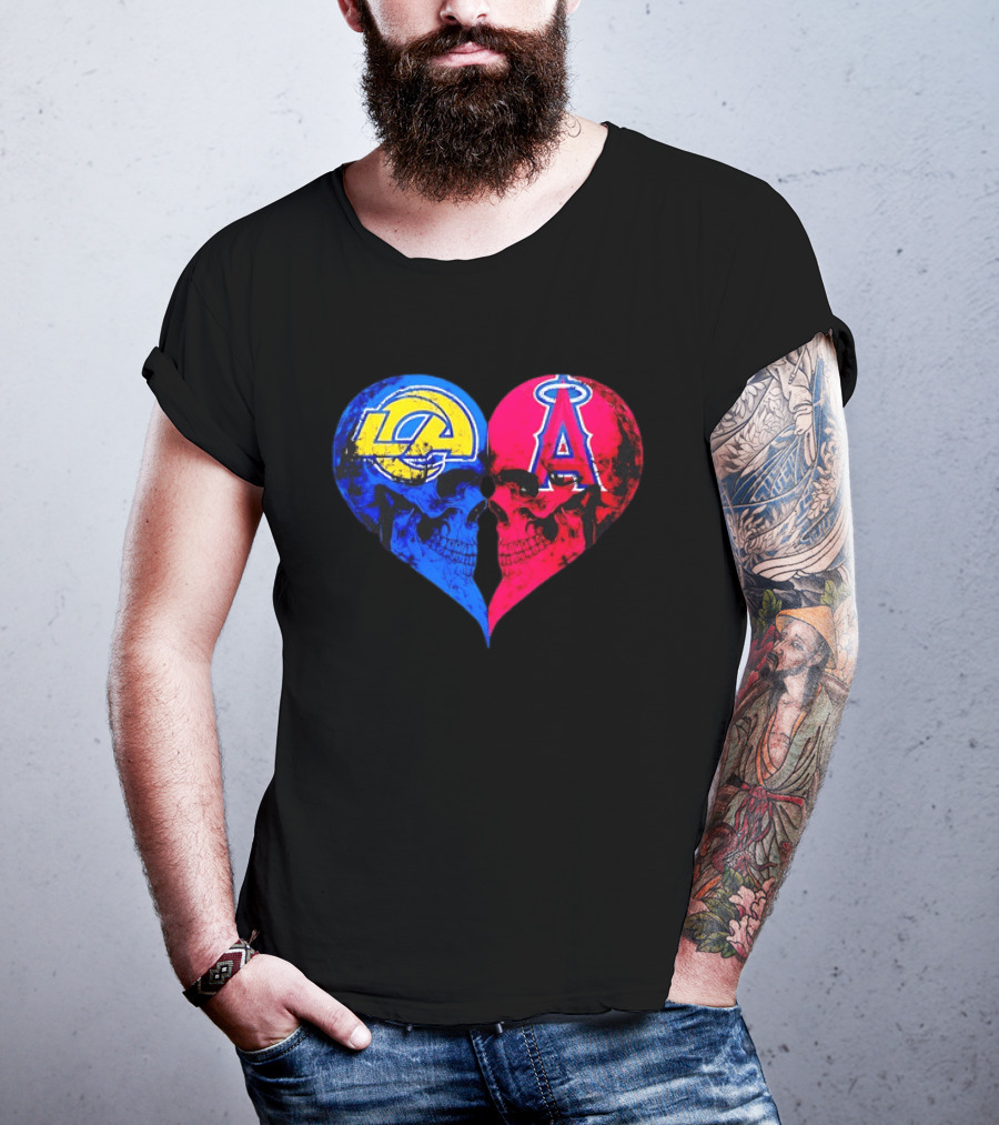 Los Angeles Rams Vs Los Angeles Angels Skulls Heart Face To Face Distressed T-Shirt
