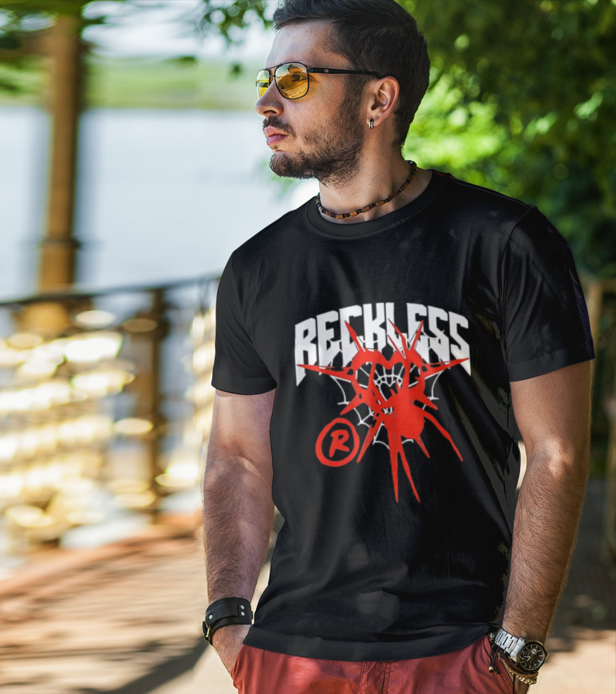 Reckless Web Heart With Spiky Red Symbol And R T-Shirt