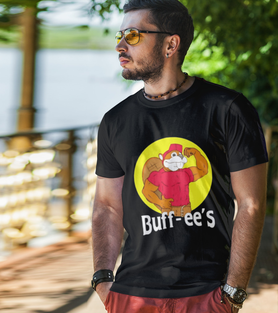 Buff Ee's Strong Muscular Beaver Character In Red Outfit T-Shirt