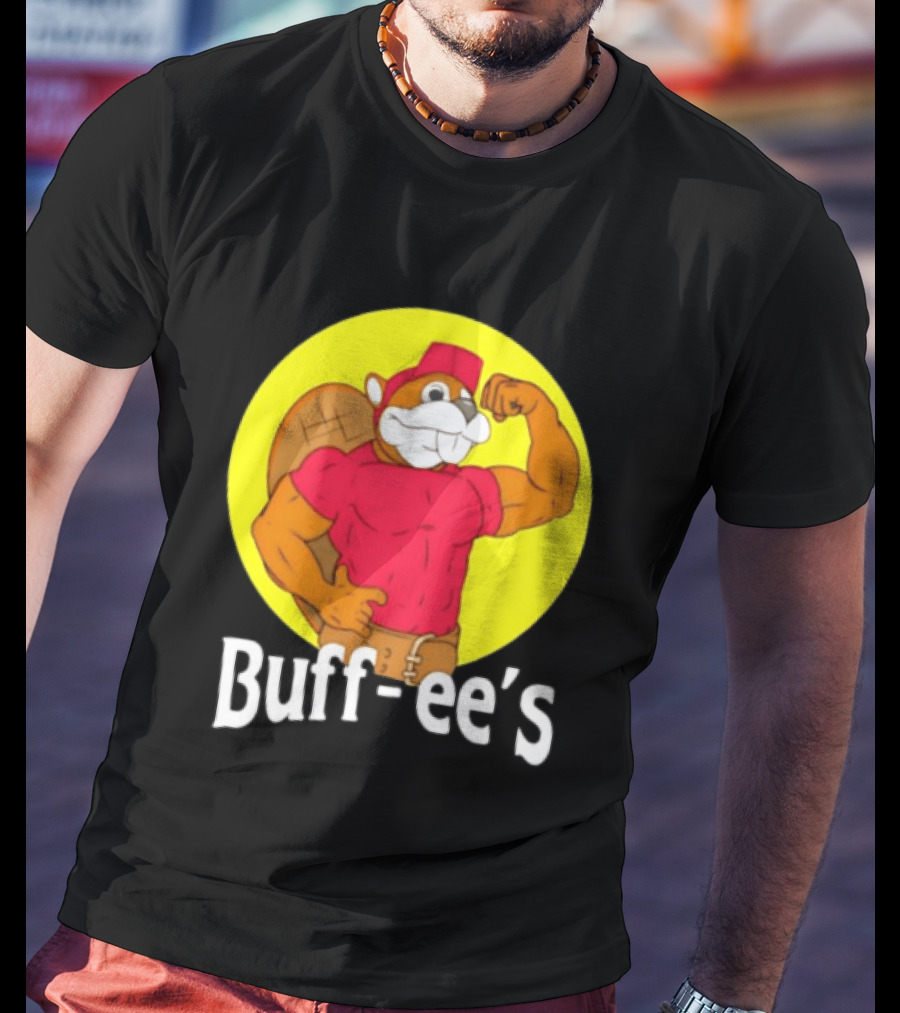 Buff Ee's Strong Muscular Beaver Character In Red Outfit T-Shirt