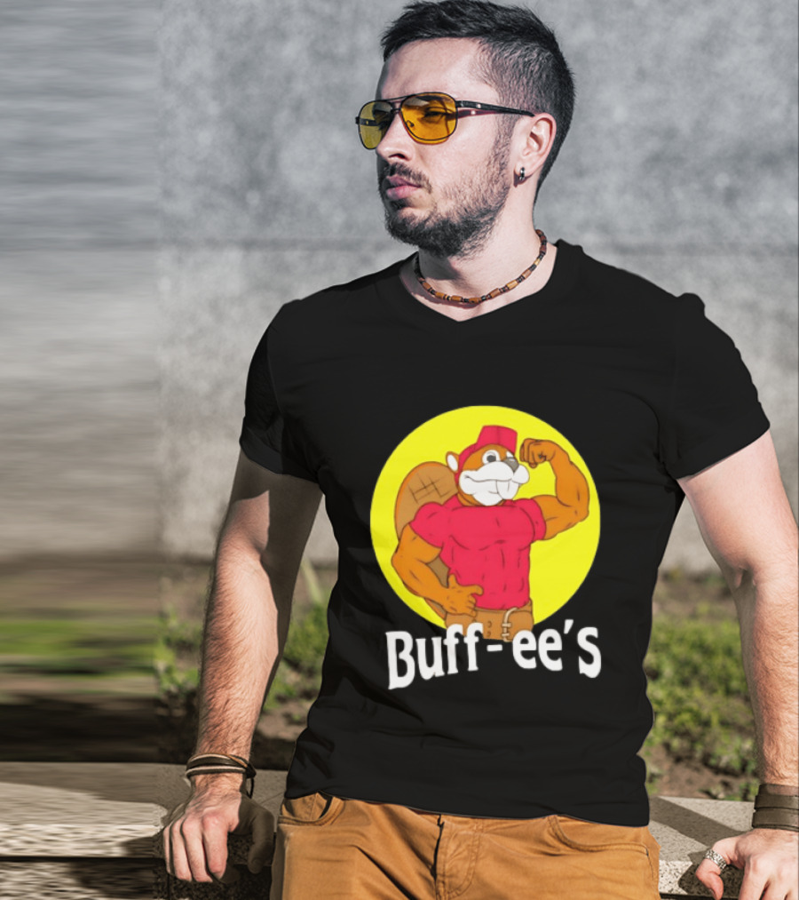 Buff Ee's Strong Muscular Beaver Character In Red Outfit T-Shirt