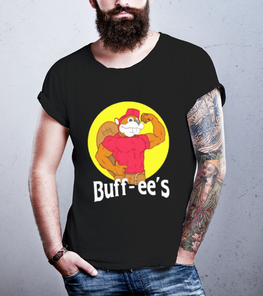 Buff Ee's Strong Muscular Beaver Character In Red Outfit T-Shirt
