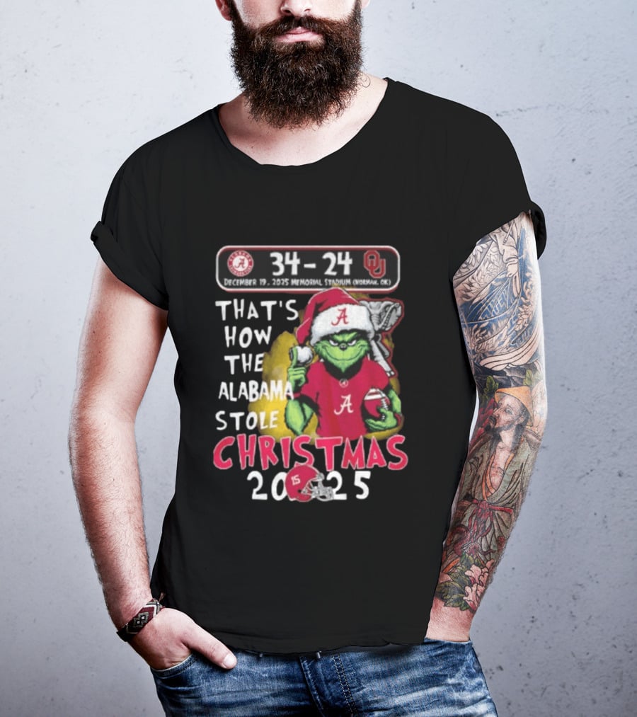 Grinch Santa Alabama Crimson Tide 34 24 Oklahoma Sooners That's How The Alabama Stole Christmas 2025 T-Shirt