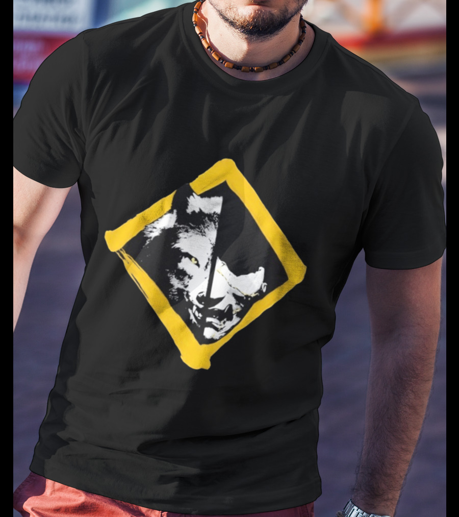 Wolf And Boar Split Face Diamond Yellow Border T-Shirt