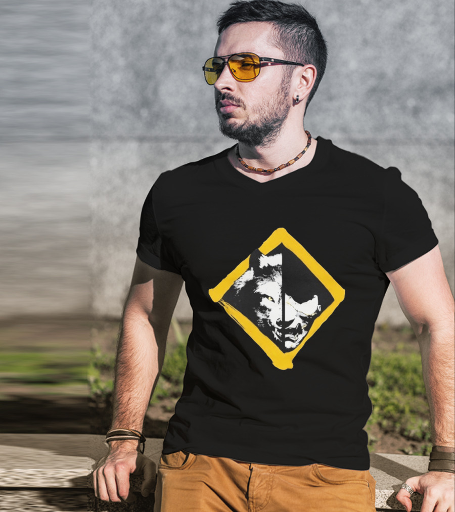 Wolf And Boar Split Face Diamond Yellow Border T-Shirt