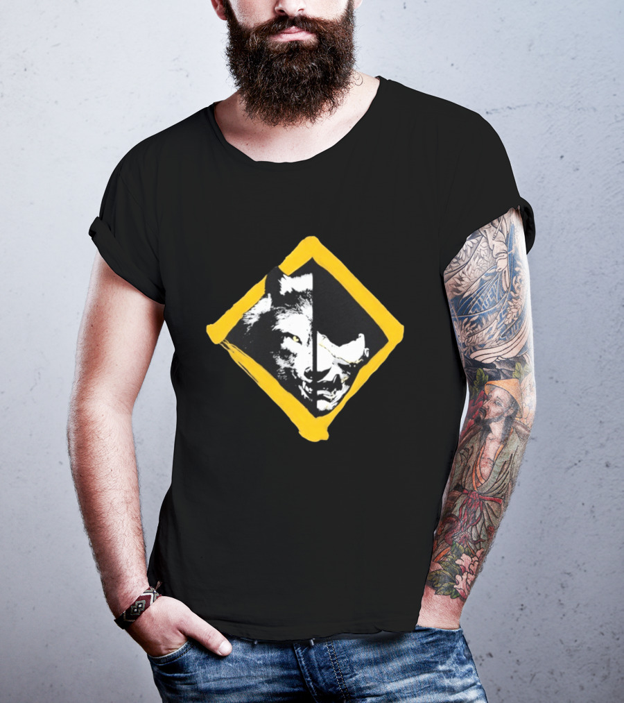 Wolf And Boar Split Face Diamond Yellow Border T-Shirt