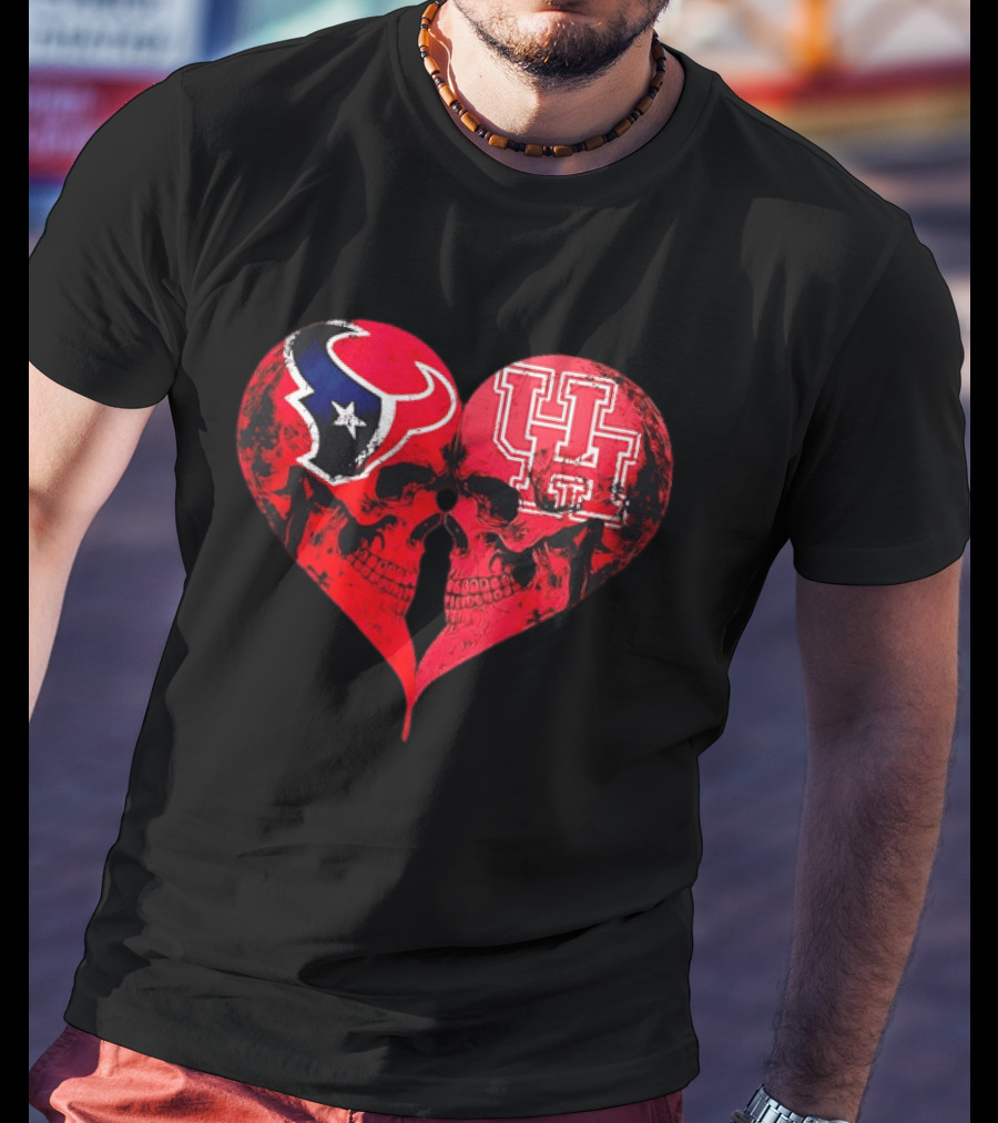 Houston Texans University Of Houston Cougars Heart Shaped Skulls Football Fans T-Shirt