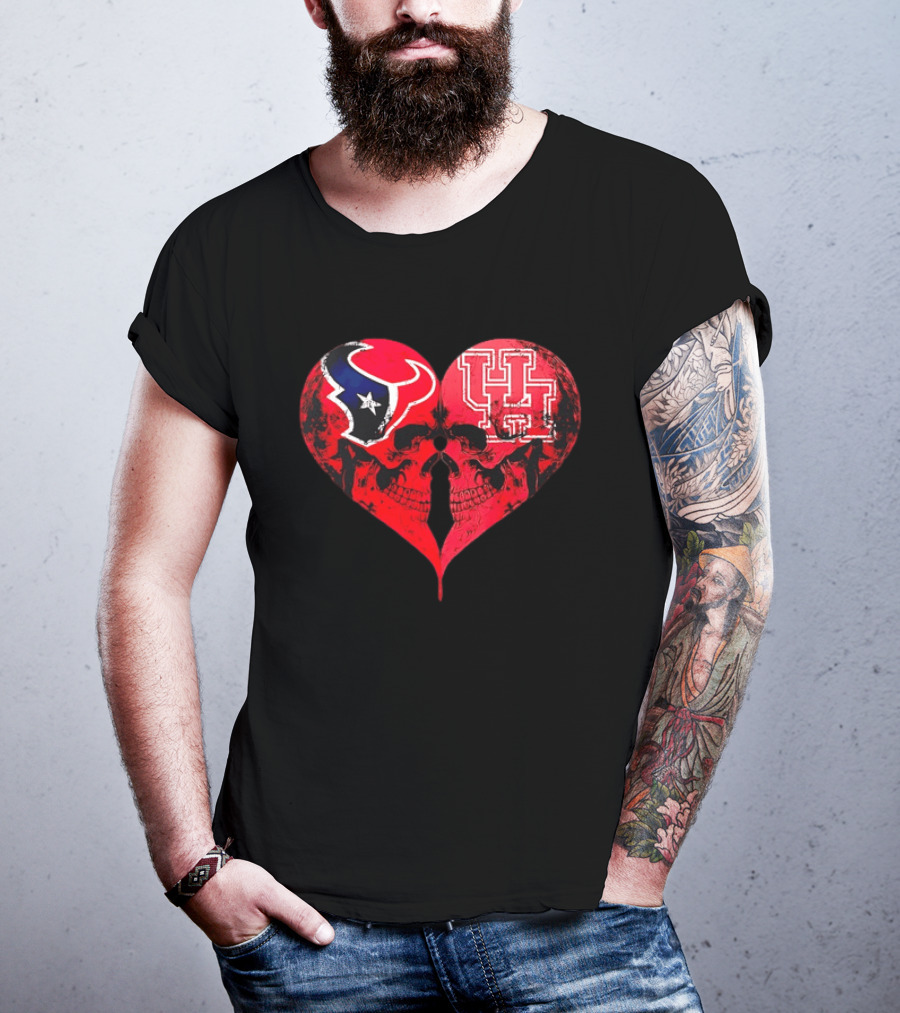 Houston Texans University Of Houston Cougars Heart Shaped Skulls Football Fans T-Shirt