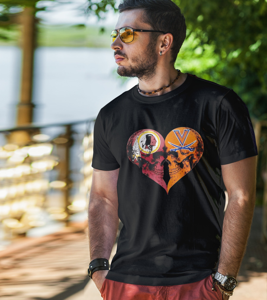 Washington Redskins Virginia Cavaliers Skulls Face To Face Heart Shape Distressed T-Shirt