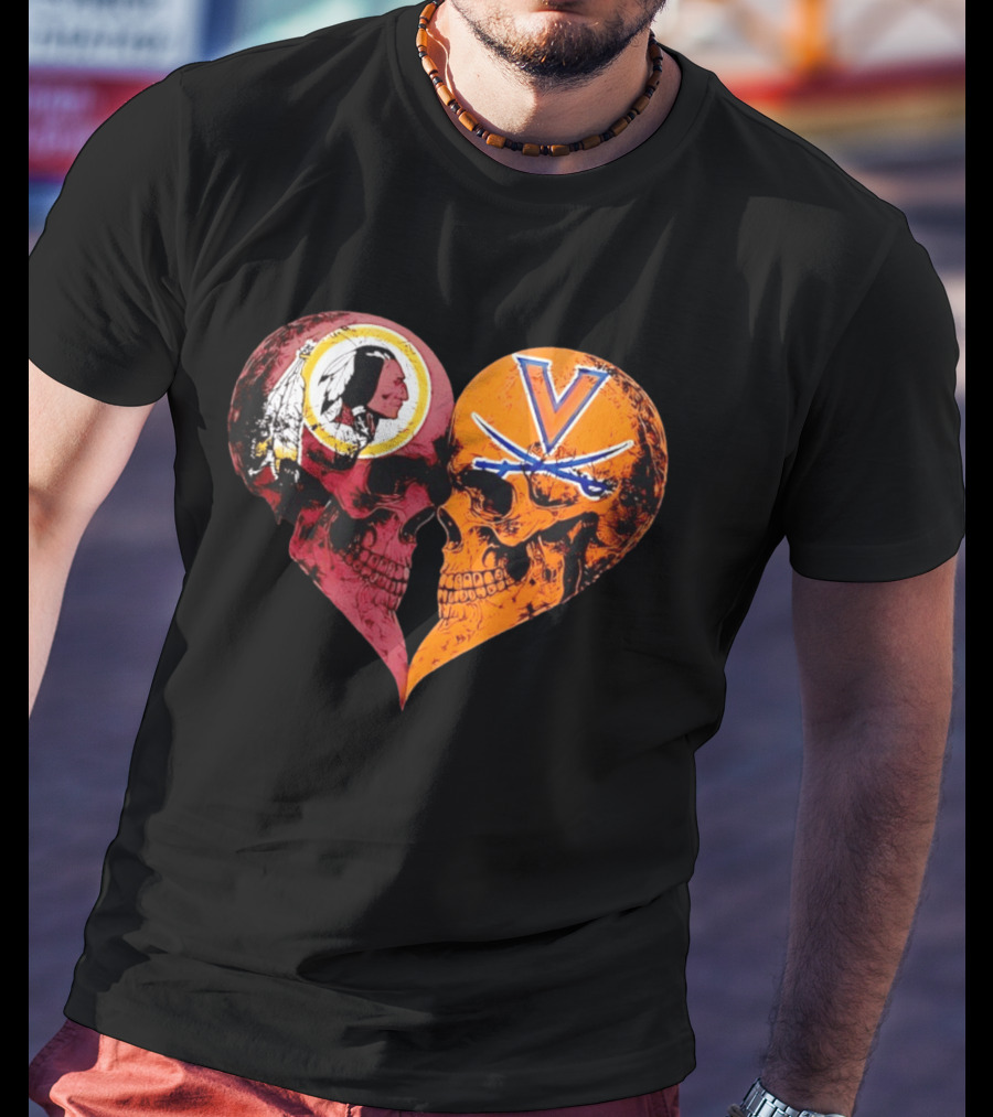 Washington Redskins Virginia Cavaliers Skulls Face To Face Heart Shape Distressed T-Shirt