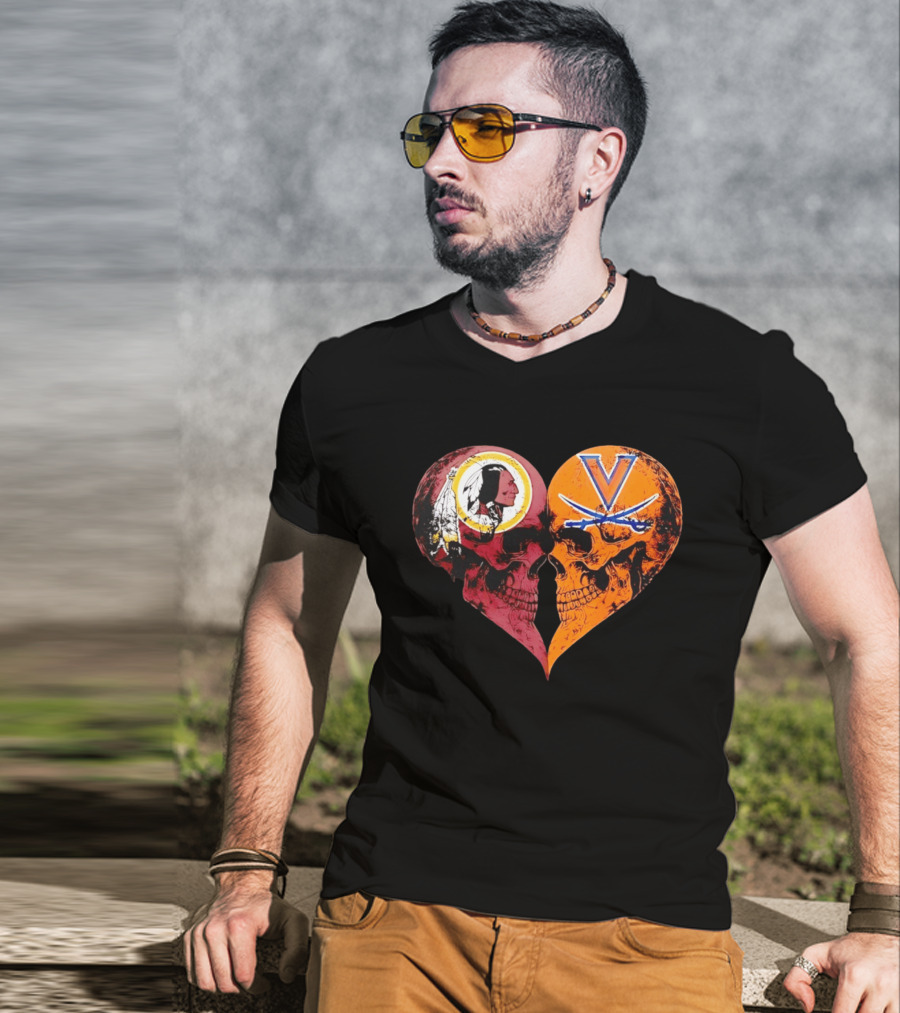 Washington Redskins Virginia Cavaliers Skulls Face To Face Heart Shape Distressed T-Shirt