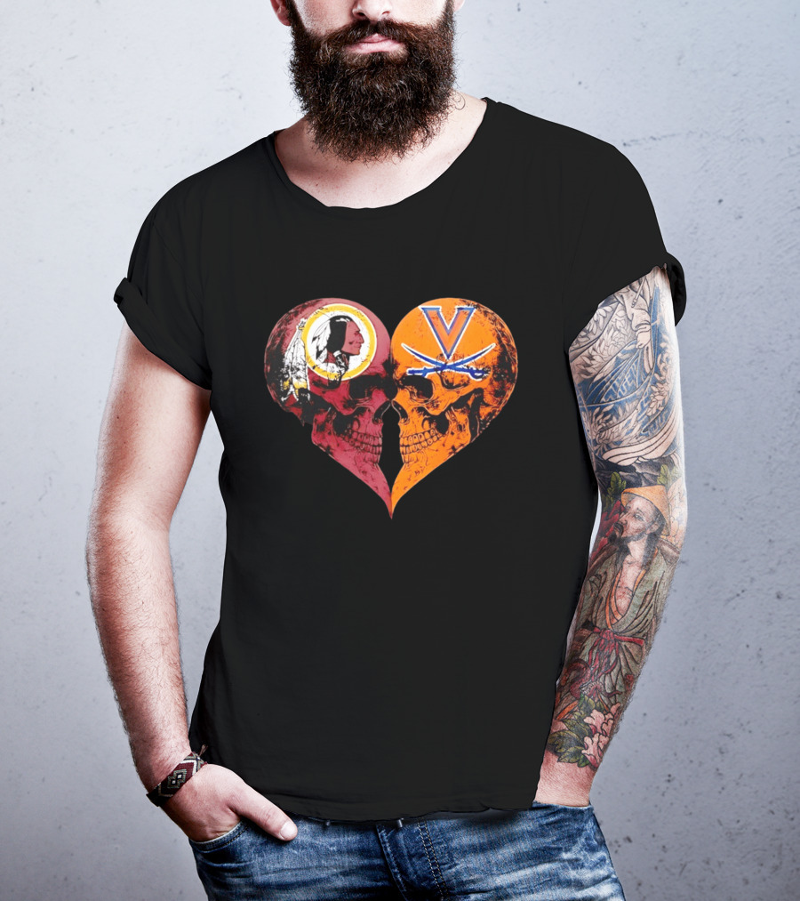 Washington Redskins Virginia Cavaliers Skulls Face To Face Heart Shape Distressed T-Shirt