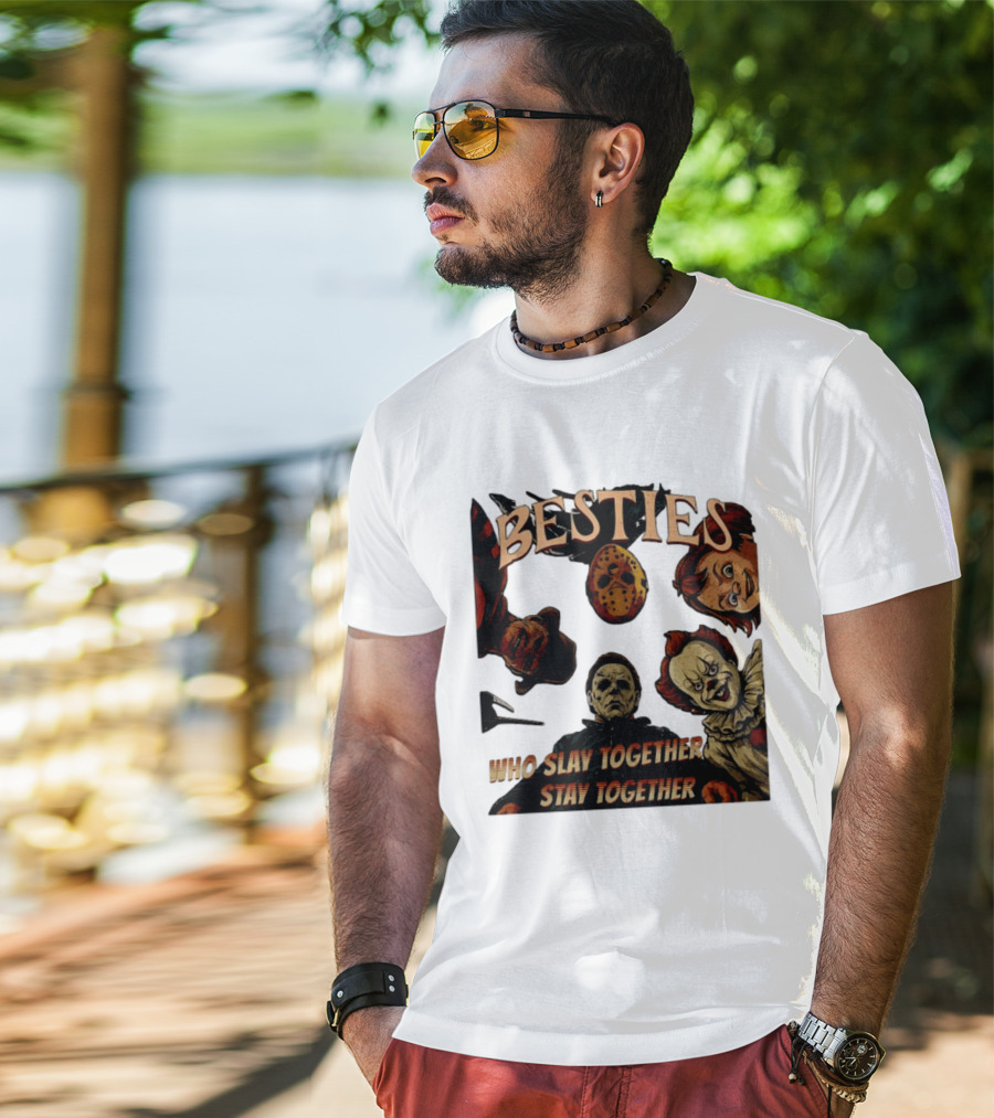 BESTIES Horror Movie Characters Mask Iconic Slayers Pennywise Knife Doll Together T-Shirt