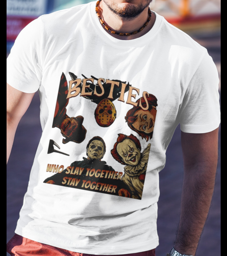 BESTIES Horror Movie Characters Mask Iconic Slayers Pennywise Knife Doll Together T-Shirt
