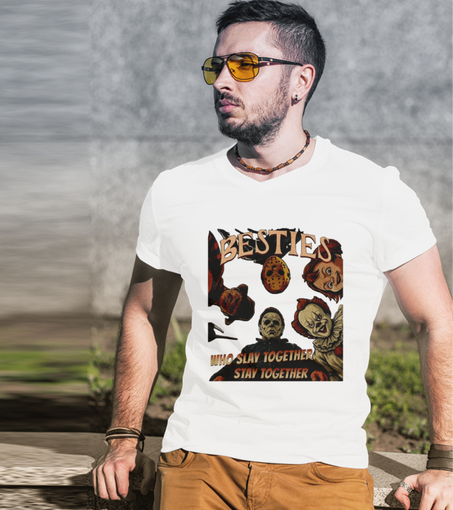 BESTIES Horror Movie Characters Mask Iconic Slayers Pennywise Knife Doll Together T-Shirt