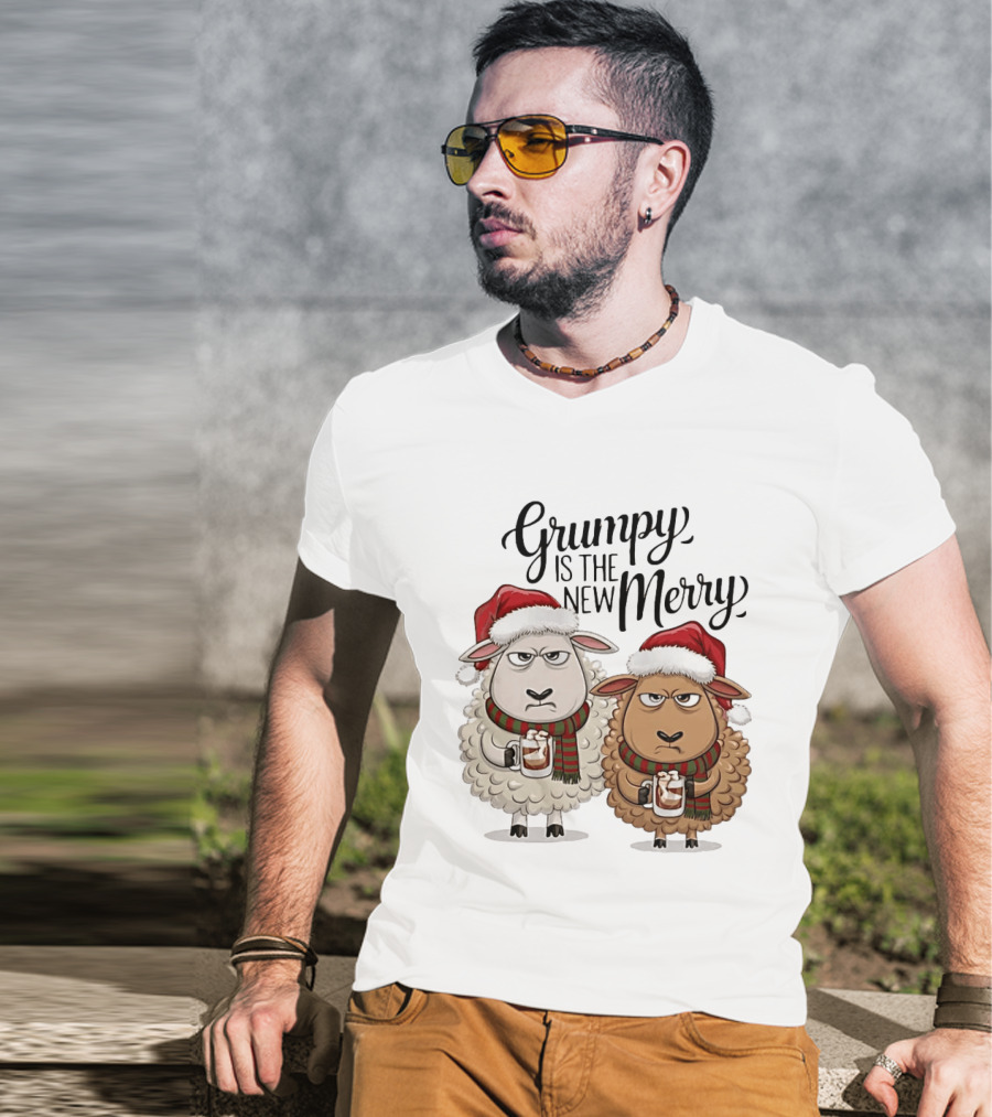 Grumpy Is The New Merry Christmas Sheep Santa Hat Holiday Humor T-Shirt