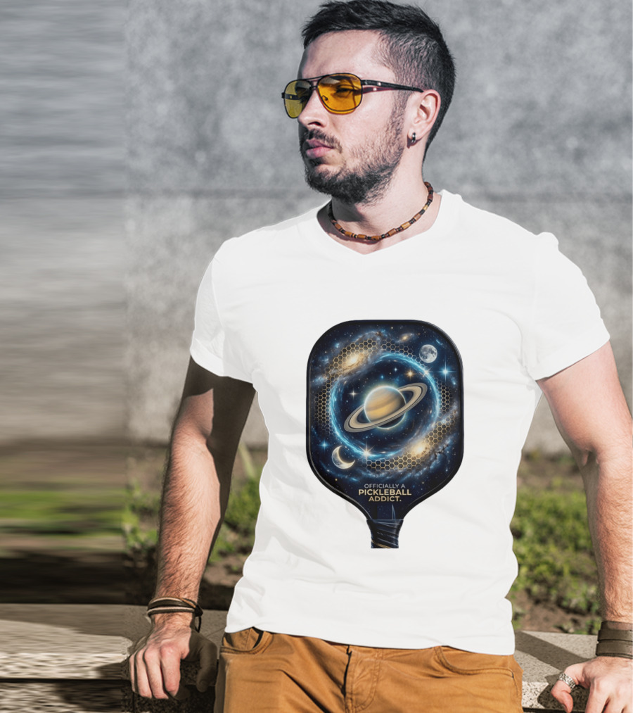 Officially A Pickleball Addict Galaxy Space Planets Saturn Stars T-Shirt