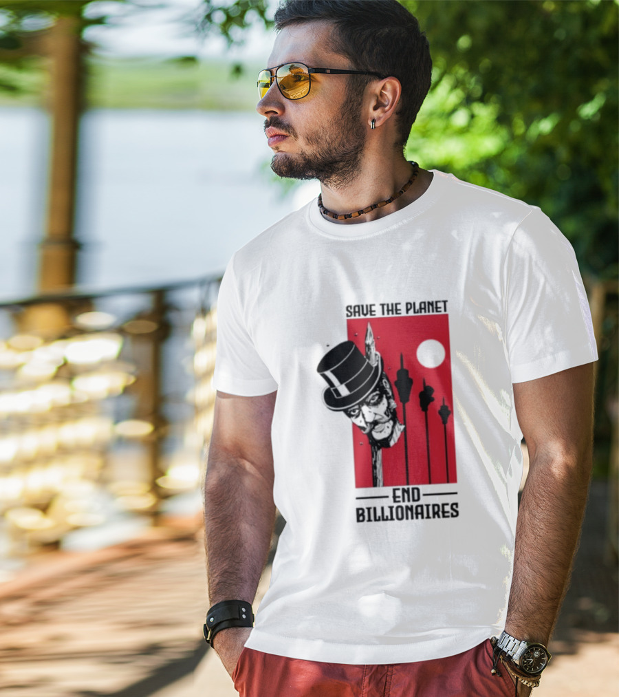 Original Save The Planet End Billionaires Top Hat Monopoly Man Red Sun T-Shirt