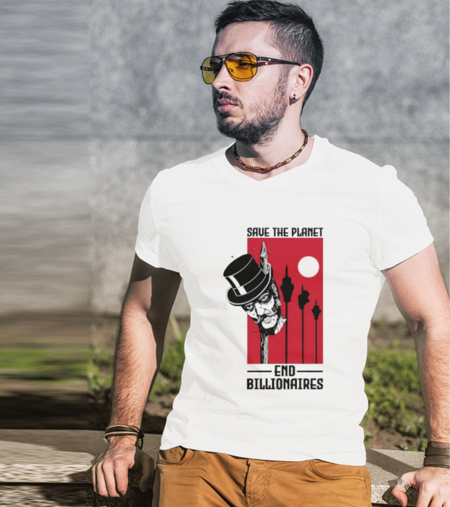 Original Save The Planet End Billionaires Top Hat Monopoly Man Red Sun T-Shirt