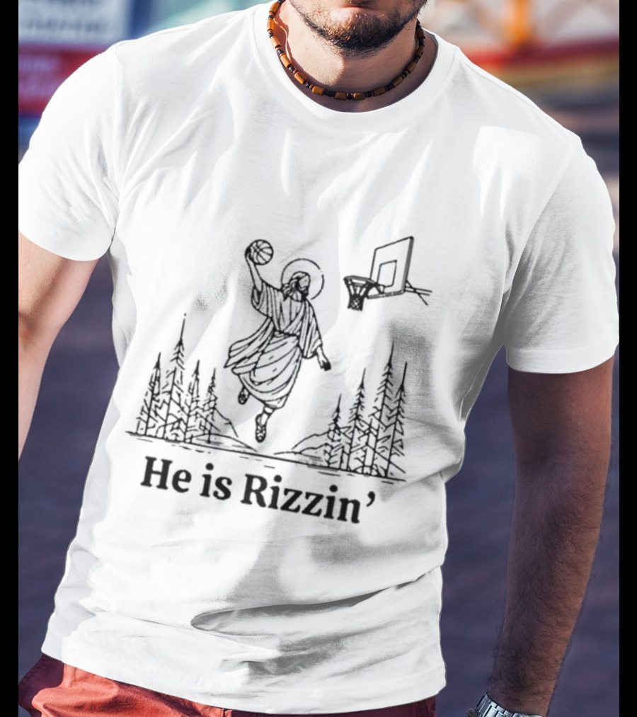 He Is Rizzin Basketball Angel Easter Forest Scene T-Shirt