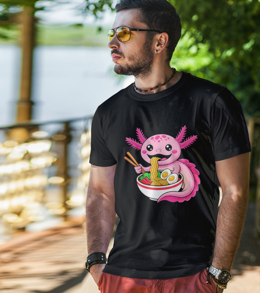 Axolotl Eating Ramen Kawaii Style With Chopsticks And Eggs T-Shirt