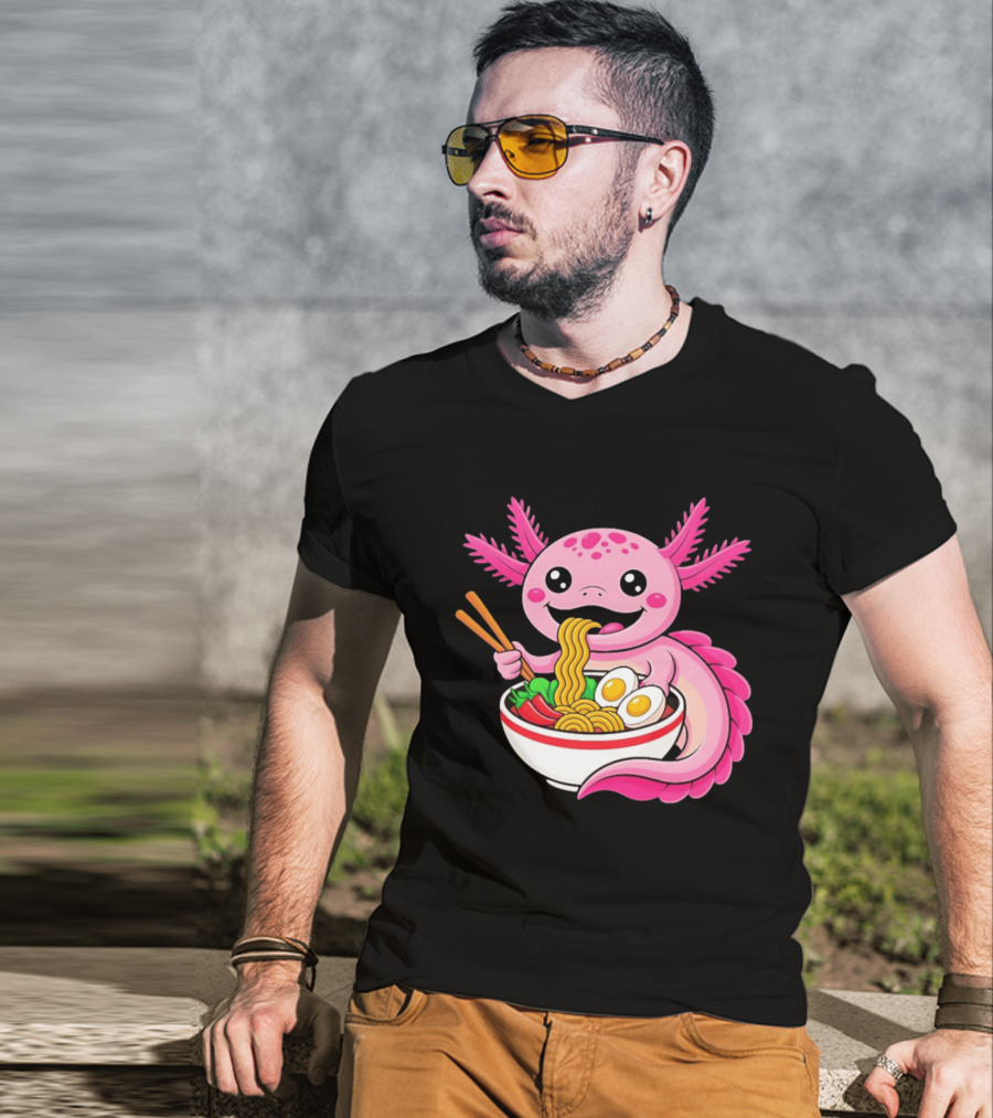 Axolotl Eating Ramen Kawaii Style With Chopsticks And Eggs T-Shirt