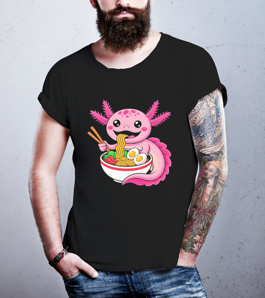 Axolotl Eating Ramen Kawaii Style With Chopsticks And Eggs T-Shirt