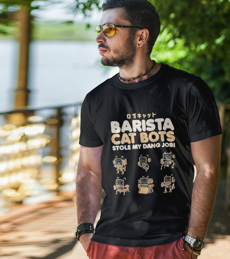 Barista Cat Bots Stole My Dang Job Retro Robot Cats Japanese T-Shirt