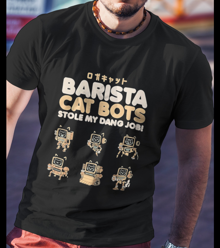 Barista Cat Bots Stole My Dang Job Retro Robot Cats Japanese T-Shirt
