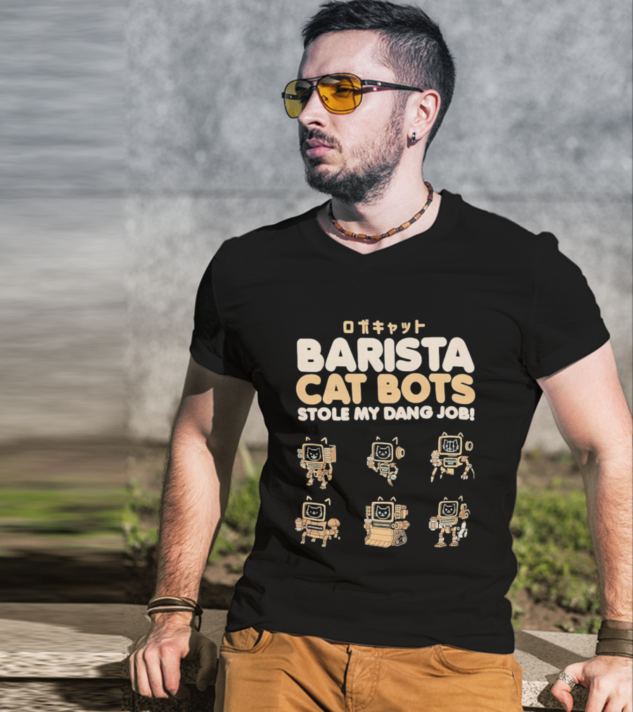 Barista Cat Bots Stole My Dang Job Retro Robot Cats Japanese T-Shirt
