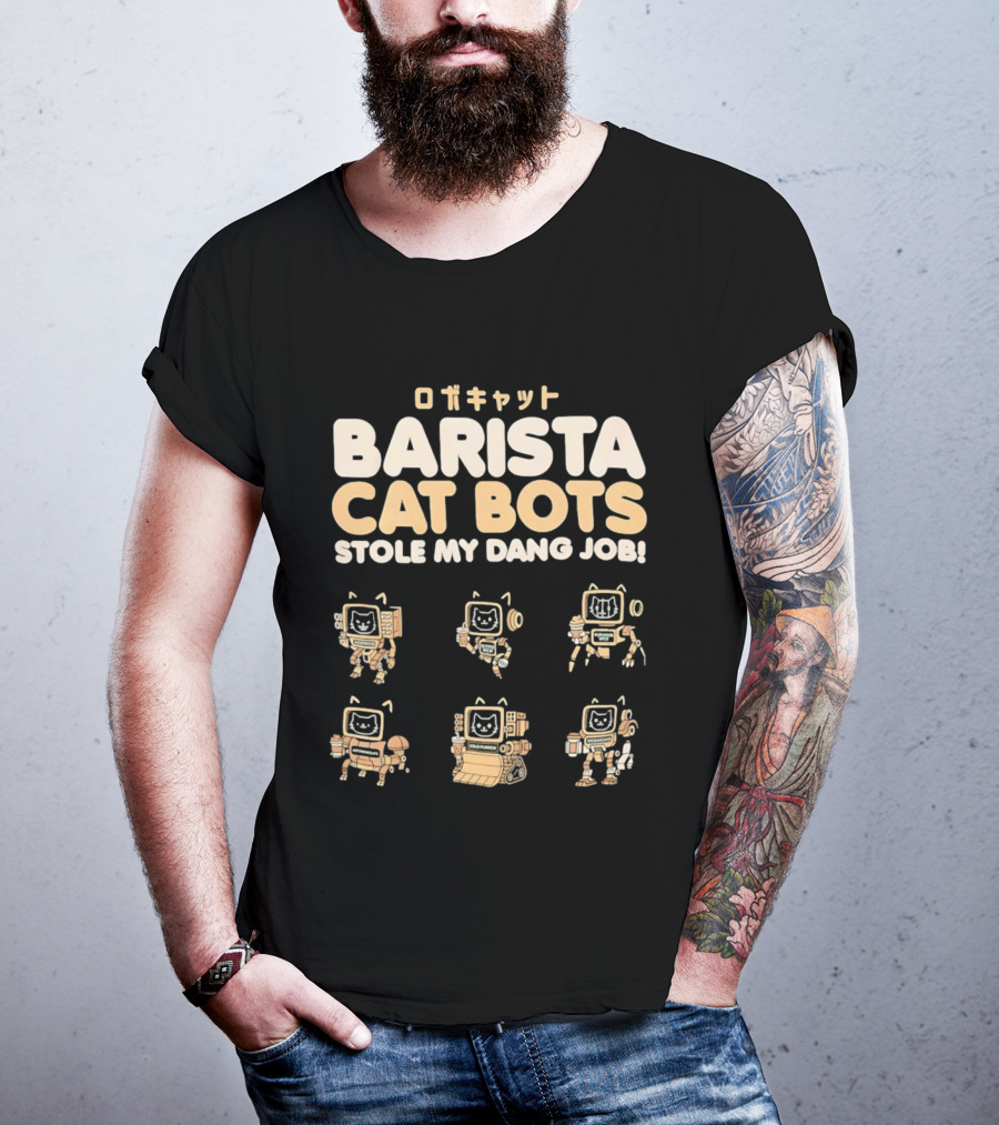 Barista Cat Bots Stole My Dang Job Retro Robot Cats Japanese T-Shirt