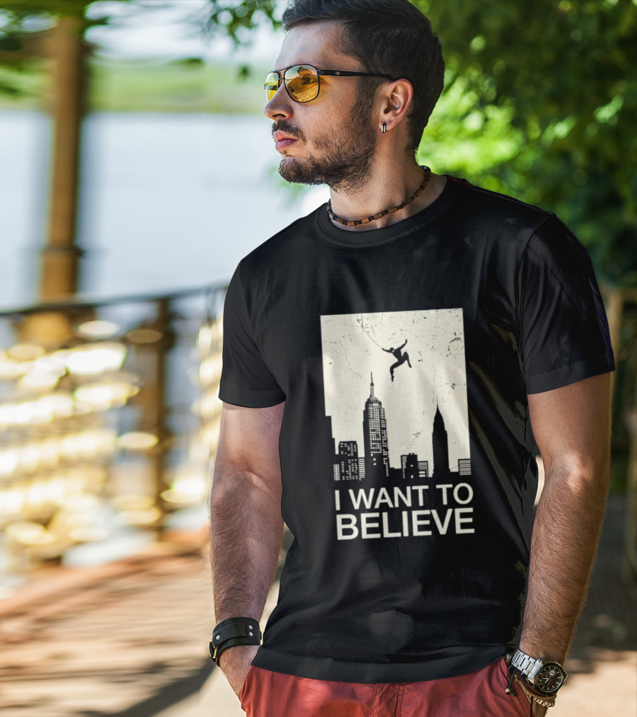 Friking I Want To Believe Swinging Hero Cityscape T-Shirt