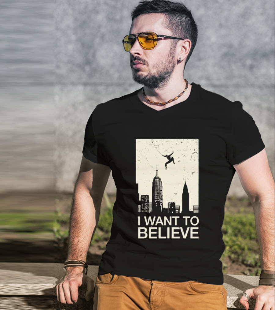 Friking I Want To Believe Swinging Hero Cityscape T-Shirt