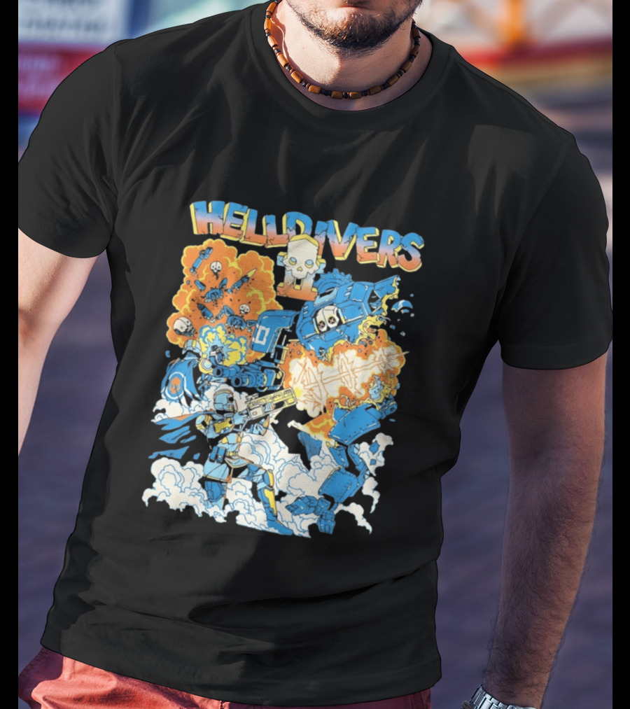 Helldivers Comic Style Explosive Battle Scene Skulls Robots Flames T-Shirt
