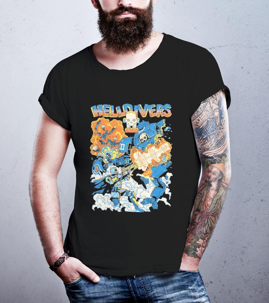 Helldivers Comic Style Explosive Battle Scene Skulls Robots Flames T-Shirt