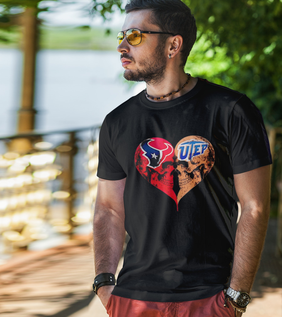 Houston Texans UTEP Miners Skulls Heart Shape Face To Face T-Shirt
