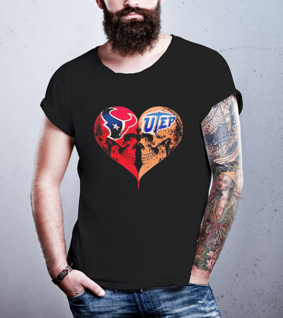 Houston Texans UTEP Miners Skulls Heart Shape Face To Face T-Shirt