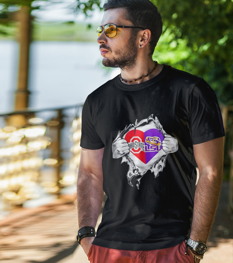 Ohio State LSU Heart Ripped Open Fan T-Shirt