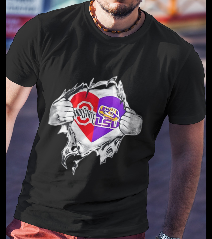 Ohio State LSU Heart Ripped Open Fan T-Shirt