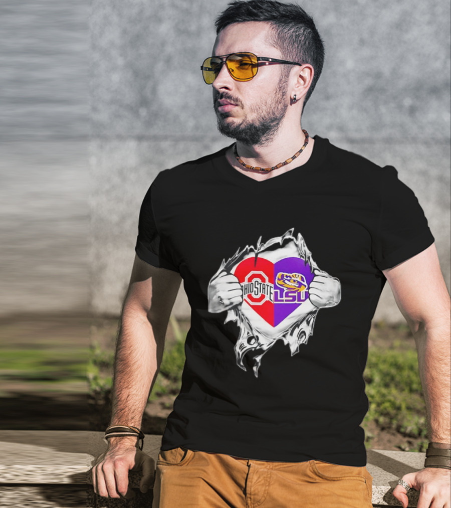 Ohio State LSU Heart Ripped Open Fan T-Shirt